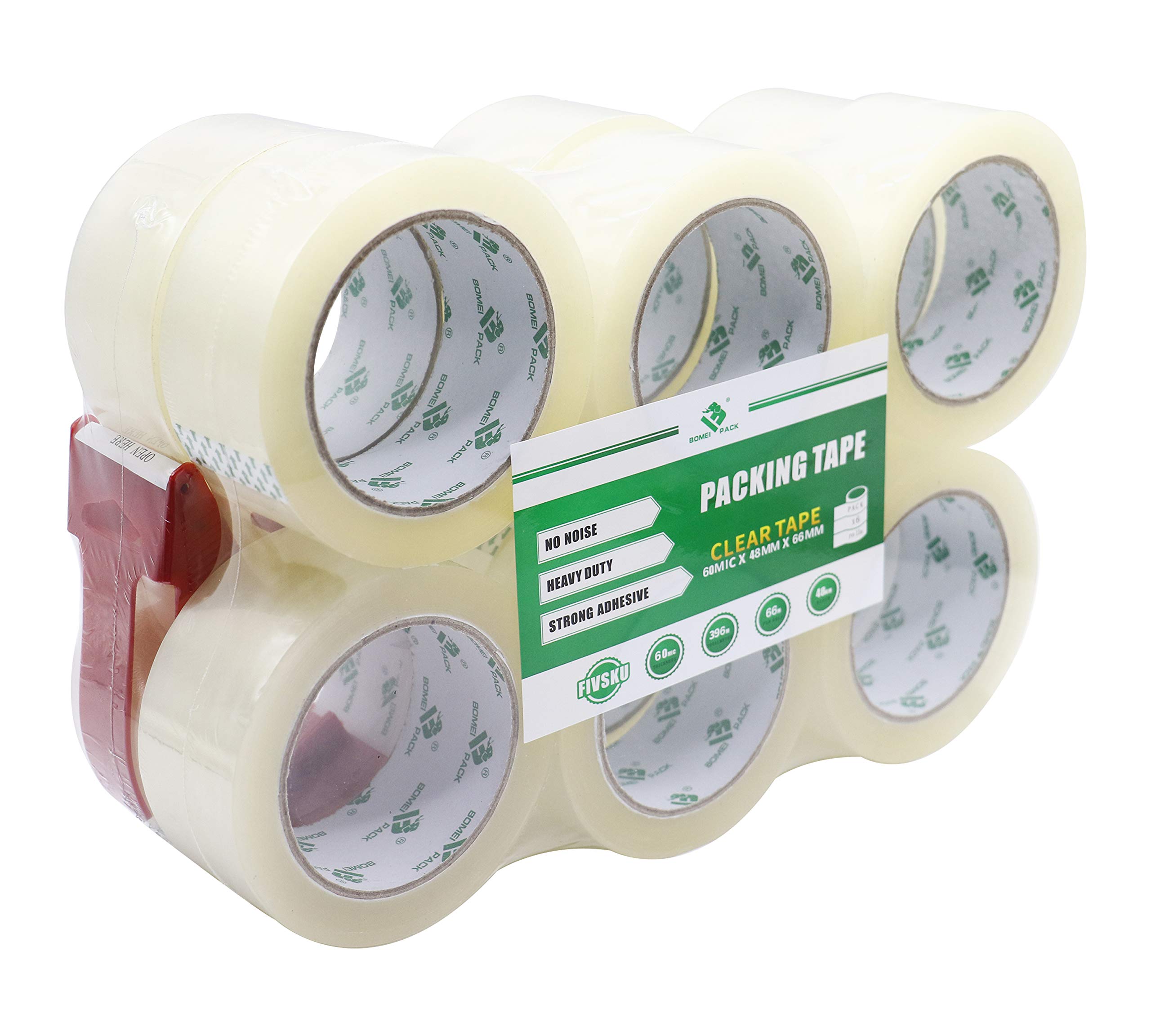 BOMEI PACK No Noise Silent Clear Packing Tape,Heavy Duty Quiet Packaging Tape for Moving,Packaging,Shipping,Office and Storage,12 Rolls 60mic x 48mm x 66m with a Dispenser