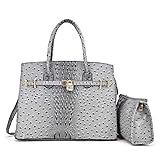 2 Pieces Set Ostrich Embossed Leather Satchel with