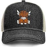 gswirmchsq Scottish Highland Cow Hat, Cute Embroidery Mesh Baseball Cap Trucker Hats Highland Cow Gifts for Women Men