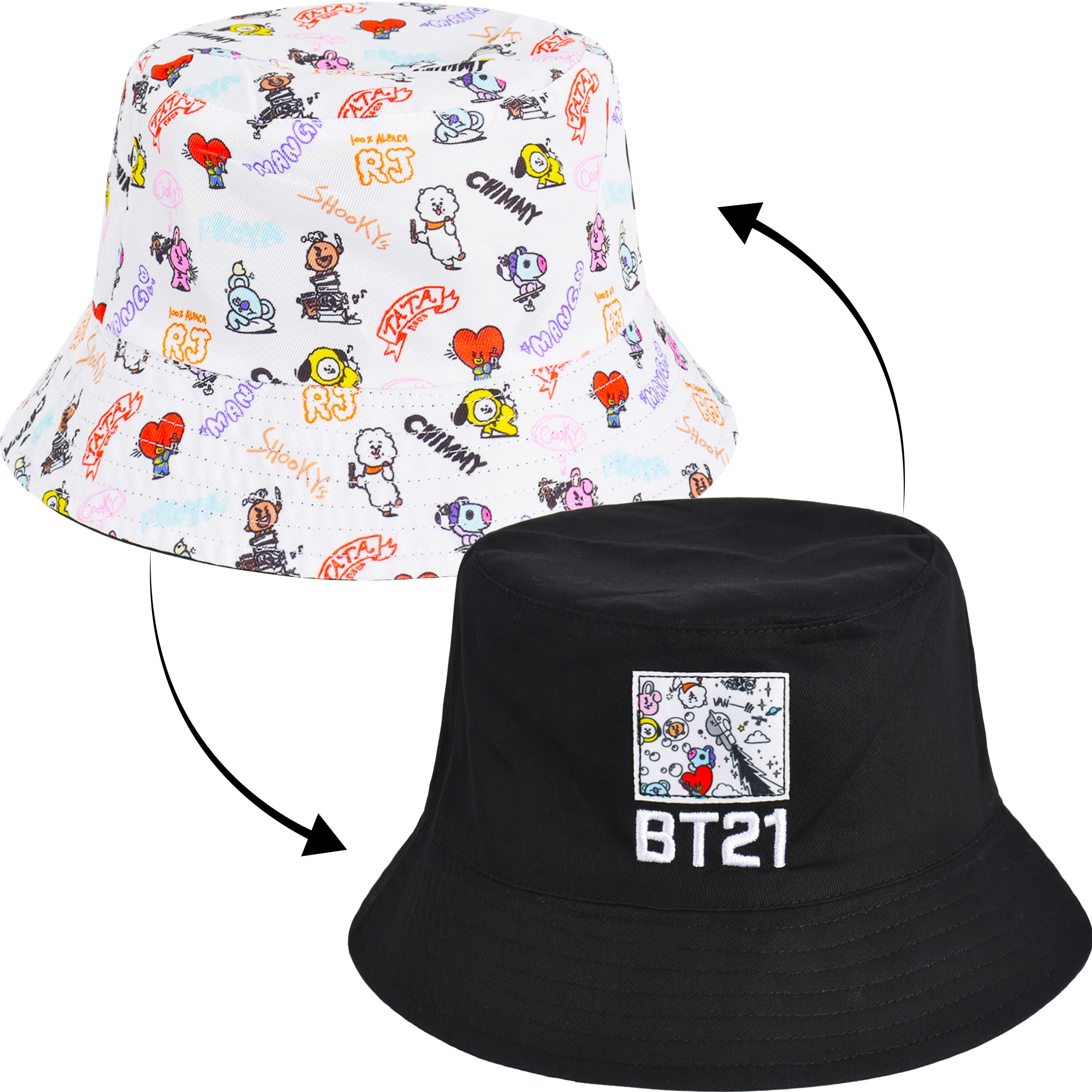 Concept One Unisex's Bt21 Line Friends Bucket Hat, Wide Brim Packable Summer Travel Cap for Men and Women, Reversible, Multi, One Size