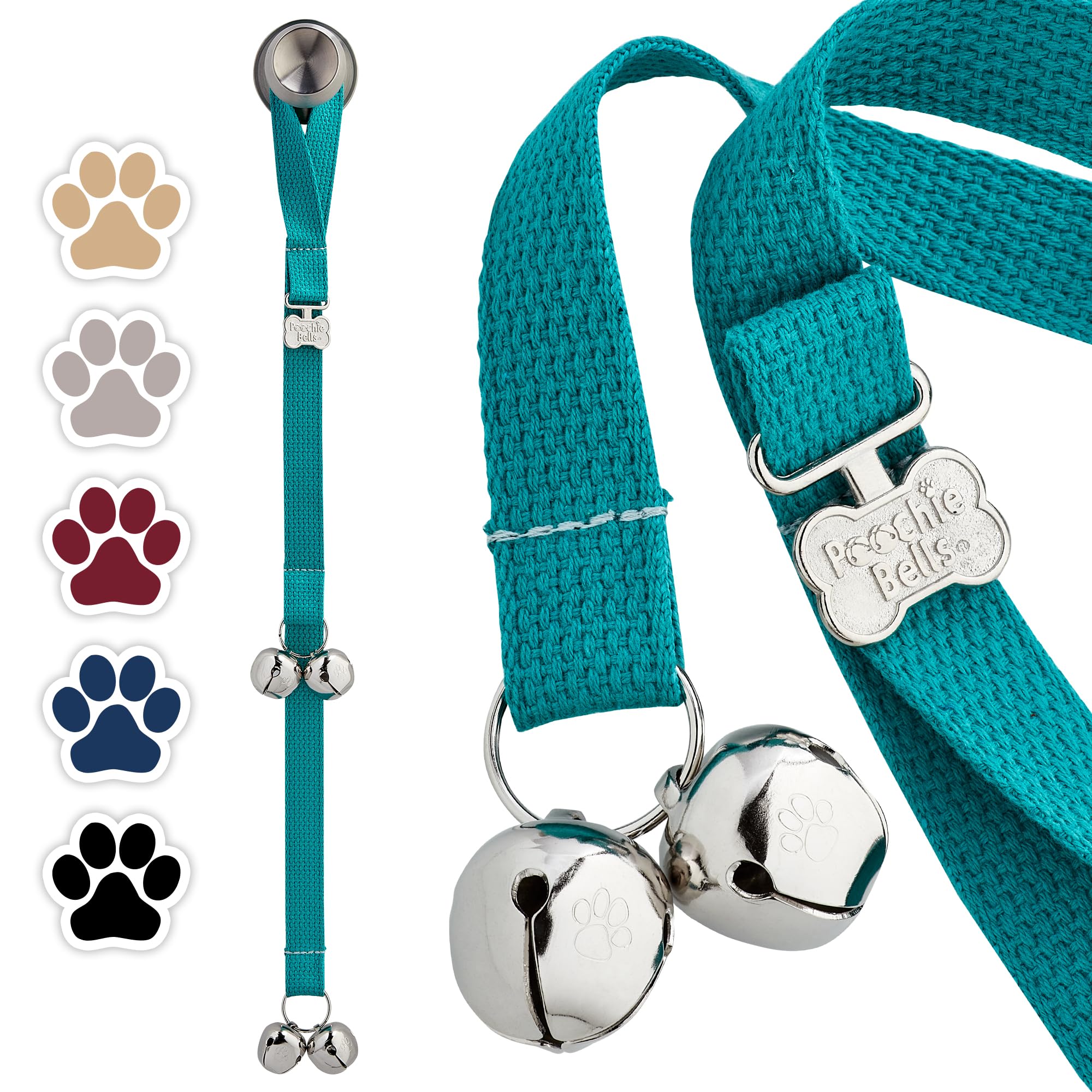 PoochieBells The Original Doggie Doorbell, Puppy Potty Training Bells, Teal Cotton Webbing