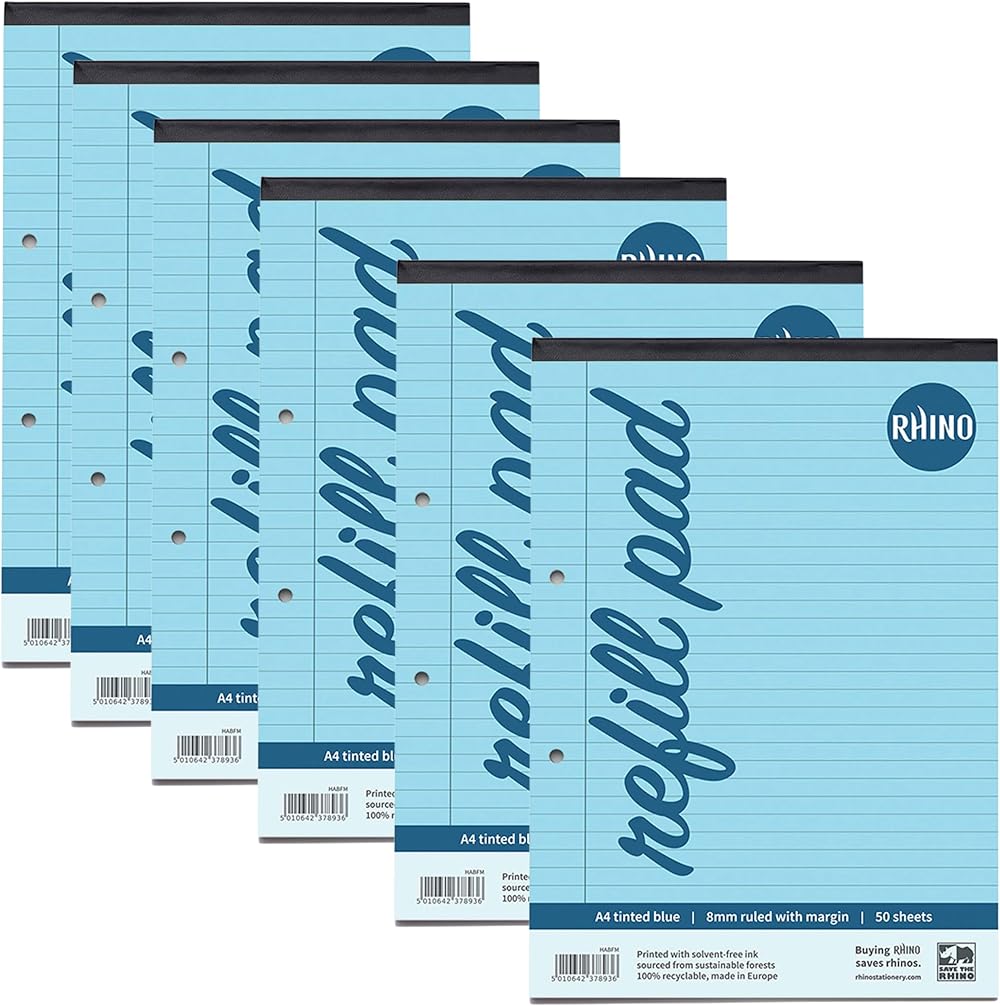 Rhino A4 Refill Pad 100 Pages 8mm Blue Lined 6 Pack SEN Dyslexia Paper