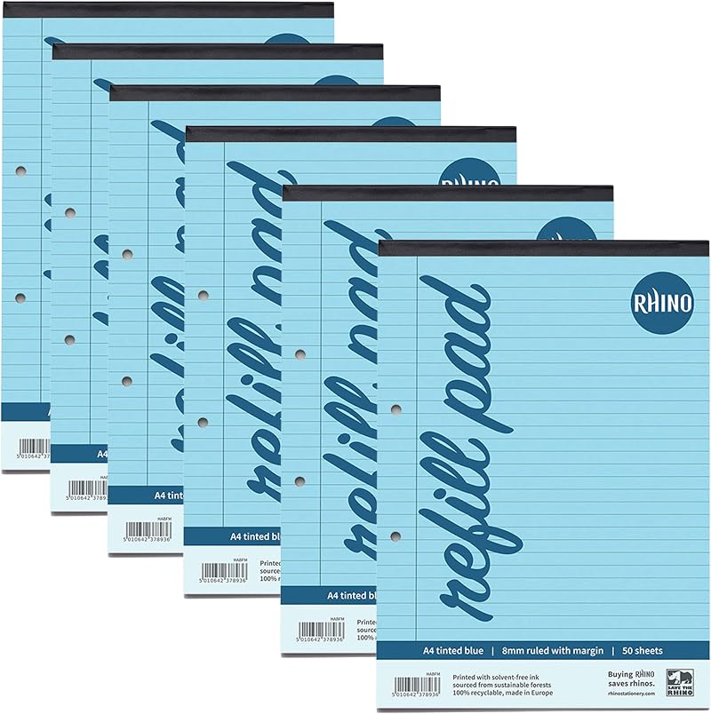 Rhino A4 Refill Pad 100 Pages 8mm Blue Lined 6 Pack SEN Dyslexia Paper