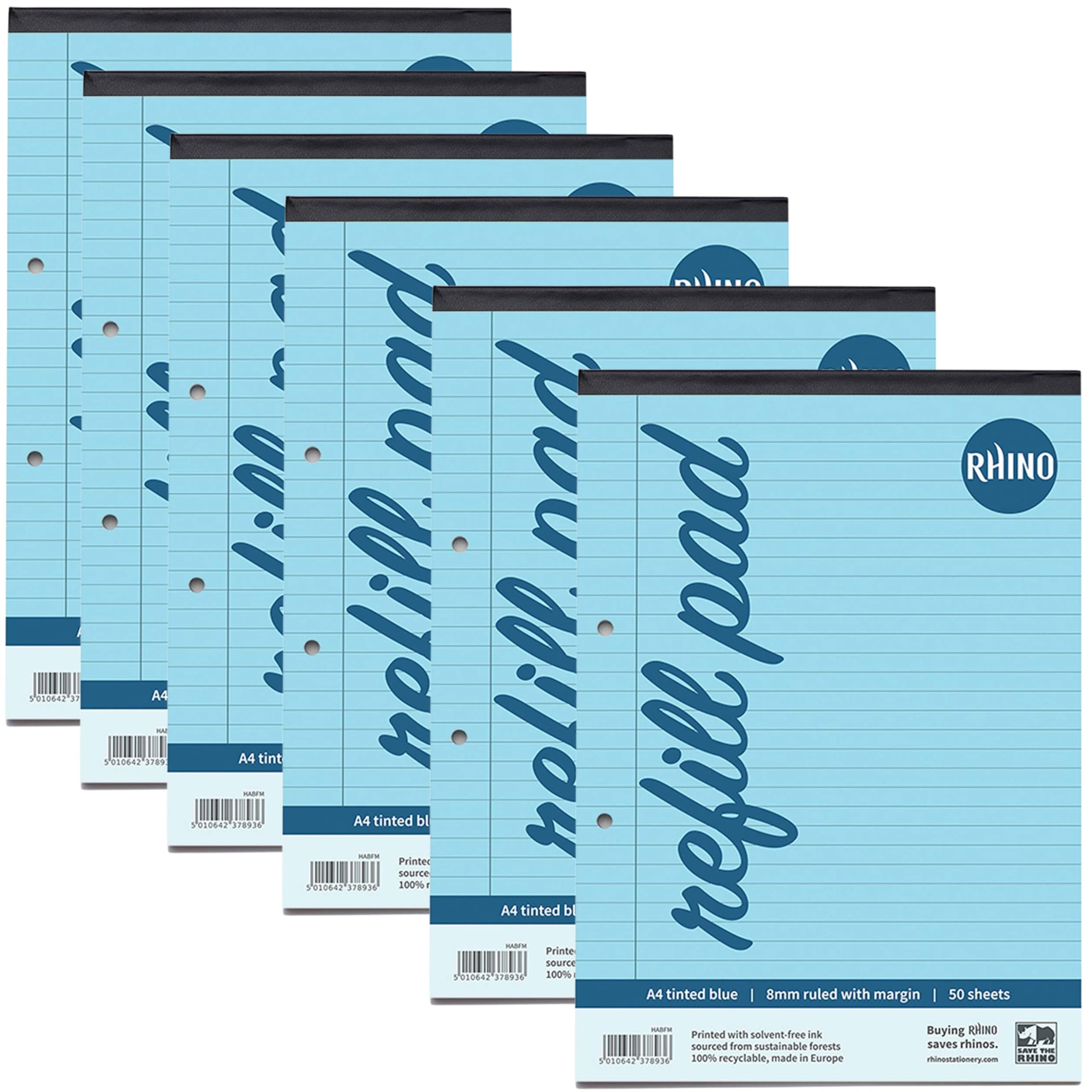 RHINO A4 Refill Pad, Writing Pad, 100 Page / 8mm Lined, 6 Pack, Blue Lined Writing Paper for Dyslexia & SEN, Office & School Stationery Supplies — image 1