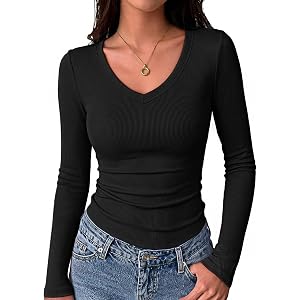 Zeagoo Long Sleeve Shirts for Women V Neck Tops Ribbed Slim Fit Basic Tee | Fall Outfits Casual T-Shirt,Going Out Tops,Unders