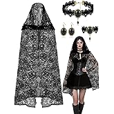 BOARDFEB Halloween Witch Costumes, Witch Black Hooded Cloak for Women Gothic Choker Necklace Lace Bracelets Earrings Gothic Short Sheer Cape Vampire Cloak for Halloween Cosplay Costume