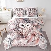 Erosebridal Wildlife Owl Queen Comforter Set 7 Piece Boho Dreamcatcher Bedding Set Wild Animal Bed in A Bag with Sheets for Boys Girls Teen,Exotic Tribal Feather Sheet Set with Comforter