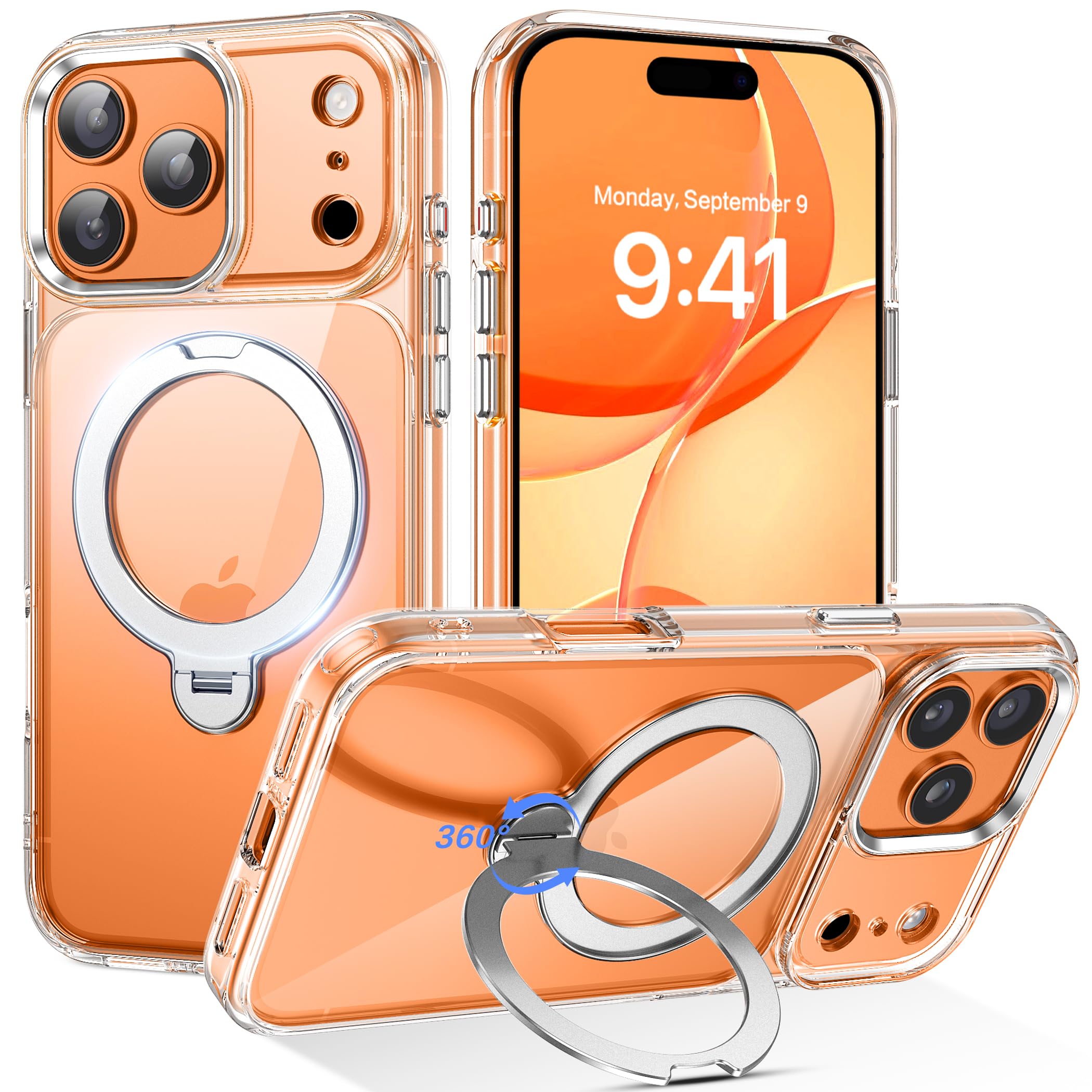 Photo 1 of DUEDUE for iPhone 17 Pro Case with 360°Spin Magnetic Stand[Compatible with MagSafe][Rotatable Ring Holder], Clear Cover Anti-Yellowing Protection Cases for iPhone 17 Pro 6.3", Clear
