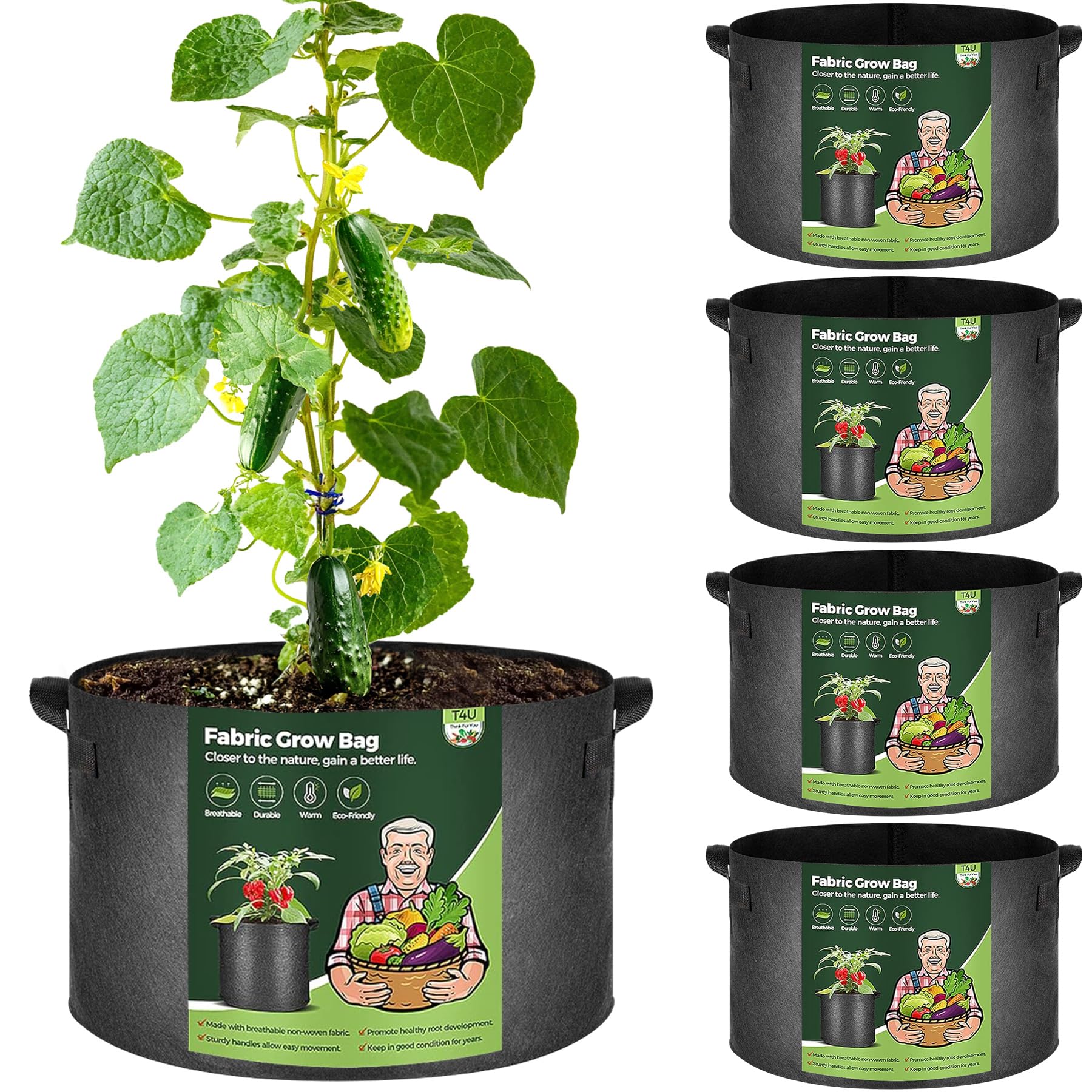T4U 15 Gallon Plant Grow Bags with Handle Pack of 5, Large Fabric Pots Growing Bag, Heavy Duty Nonwoven Planter, Thickened Breathable Growbag for Potato Tomato Tree Strawberry Vegetables Outdoor