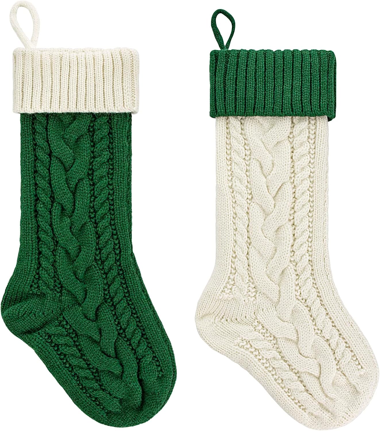 Stockings & Holders - PETOX Christmas Stockings 18 Inches Large Size Cable Knitted Stocking Gift and Decorations for Holiday Family Xmas Party (Green and White, Pack of 2)