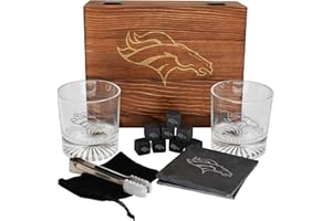 The Memory Company Licensed NFL Wood Boxed Drinkware Gift Set - Includes 2 Premium Rock Glasses, Cooling Cubes, Tongs, and Coasters, Denver Broncos