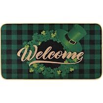 St. Patrick's Day Welcome Doormat - Green Buffalo Plaid & Shamrocks, 17x30 Inch, Indoor/Outdoor
