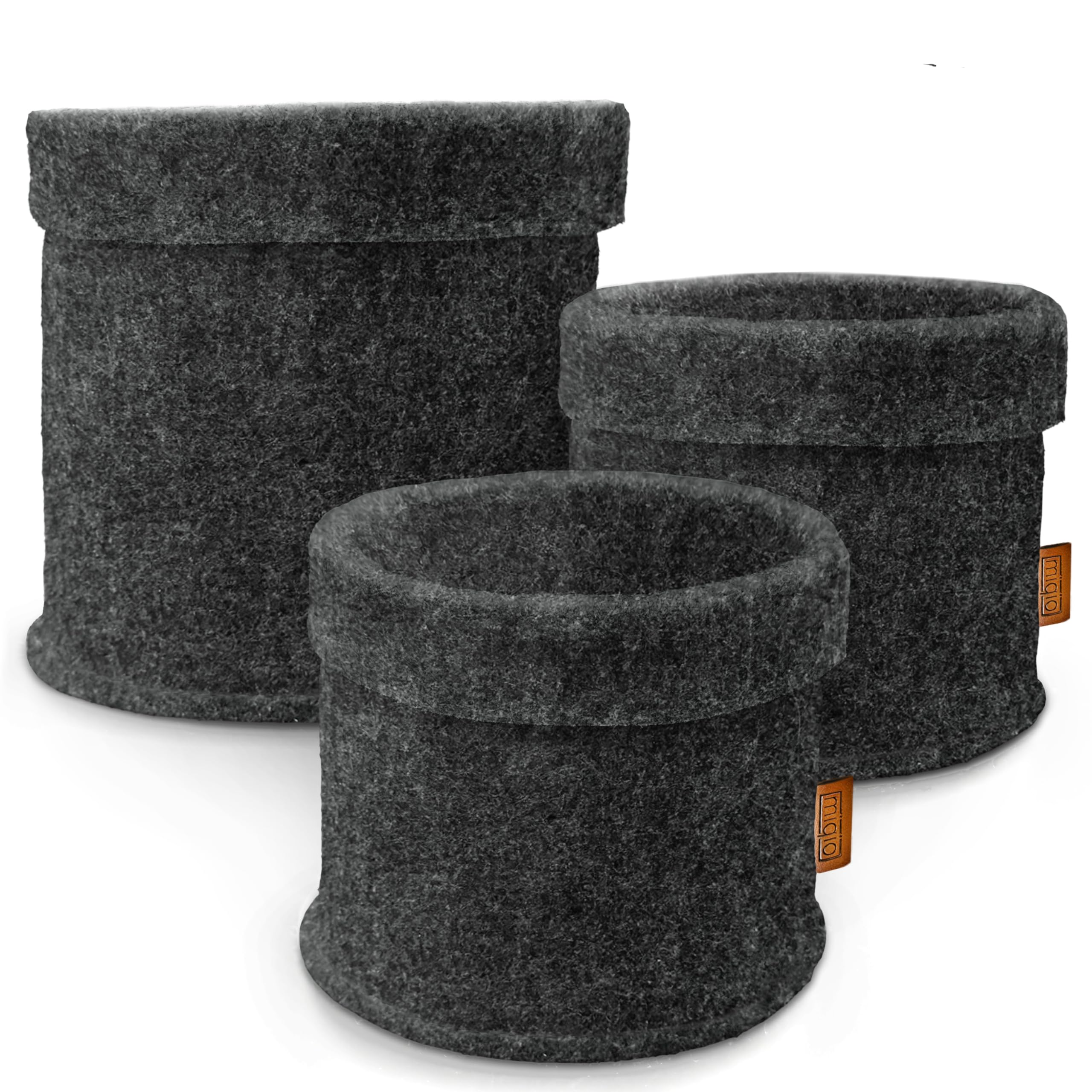 Miqio® Design Premium Felt Basket - Storage Baskets Round - Set of 3 - Plant Basket - Flower Planter - Oeko-Tex Certified - Foldable Organiser for All Rooms - Dark Grey
