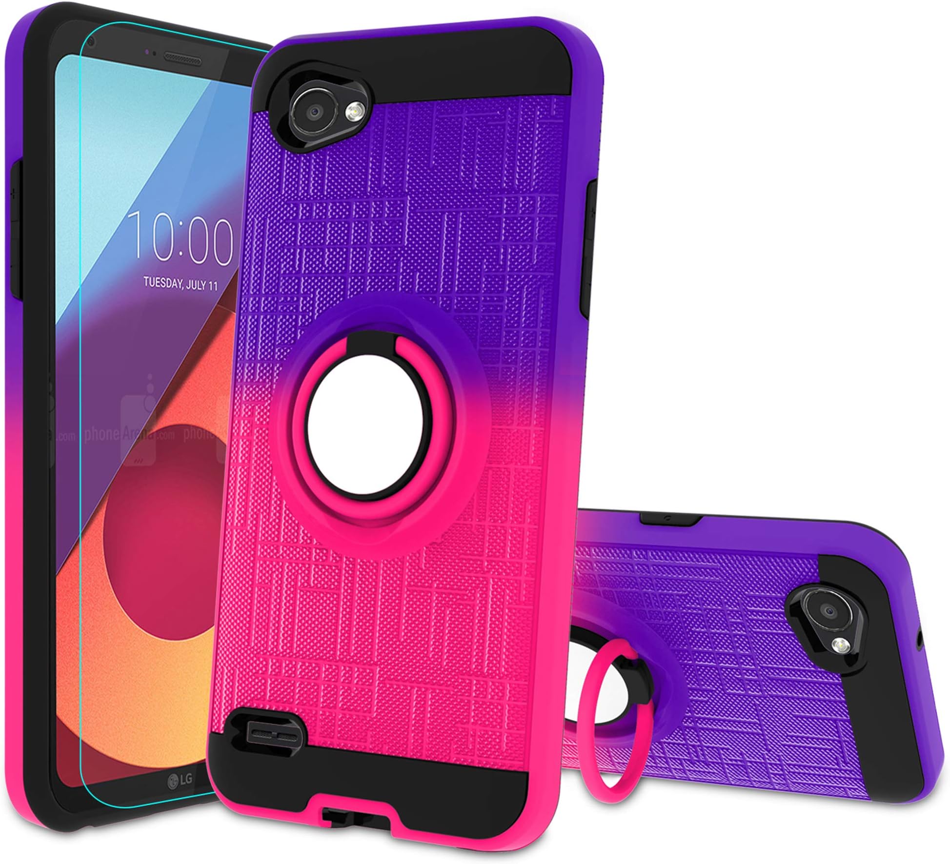LG Q6 Case, LG G6 Mini Case, LG Q6 Plus Case with HD Screen Protector,Atump 360 Degree Rotating Ring Holder Kickstand Bracket Cover Phone Case for LG Q6 (Purple Red)
