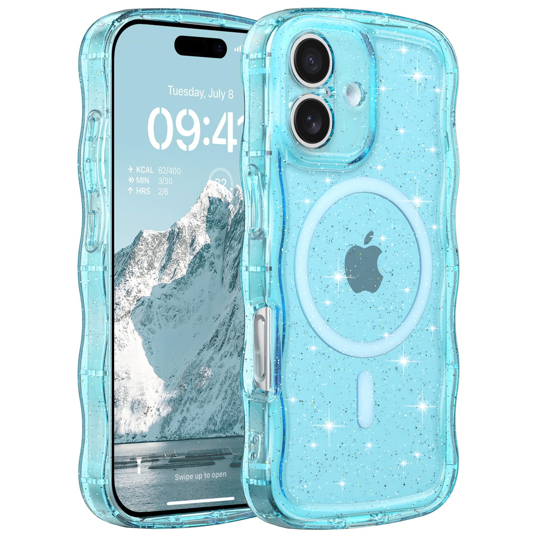 FABSPARK Case for iPhone 16e/17e,Compatible with MagSafe,Magnetic Clear Curly Wavy Frame Wave Case with Sparkly Bling Glitter,Transparent Acrylic Hard PC for iPhone 17e/16e,Glitter Clear Blue
