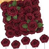 N&T NIETING Artificial Flowers Red Roses 50 Pcs Real Touch with Stems DIY