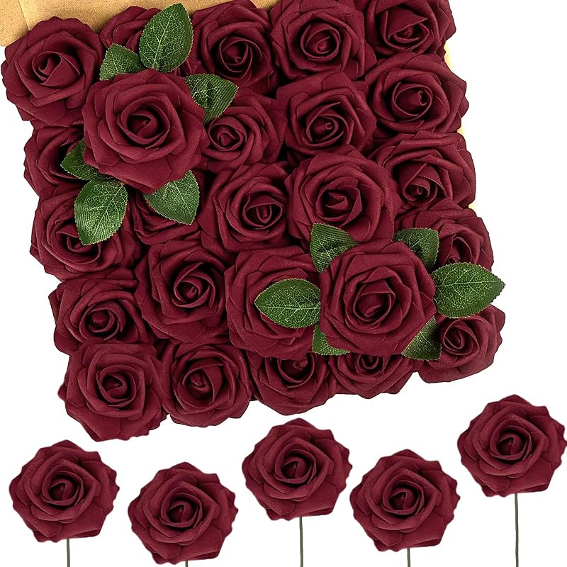N&T NIETING Artificial Flowers Red Roses 50 Pcs Real Touch with Stems DIY