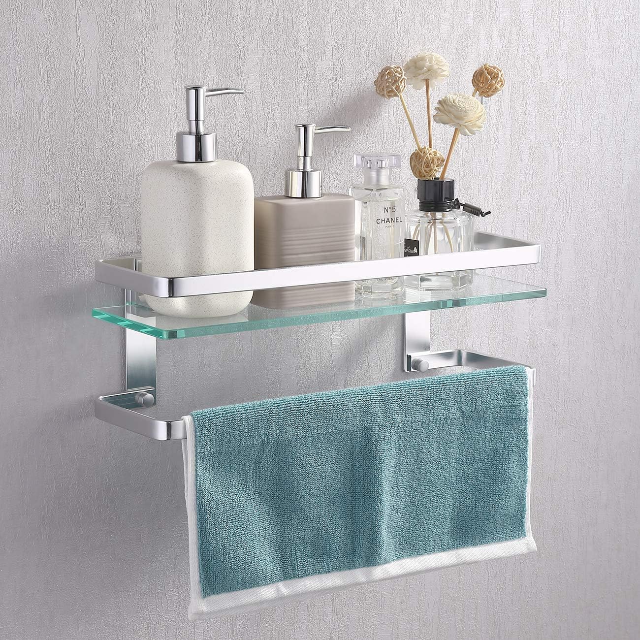 KES Bathroom Glass Shelf with Anodized Aluminum Towel Bar and Rail Extra 8 MM-Thick Tempered Glass Rustproof Retangular Storage Organizer Wall Mount Silver, A4127A: Home & Kitchen