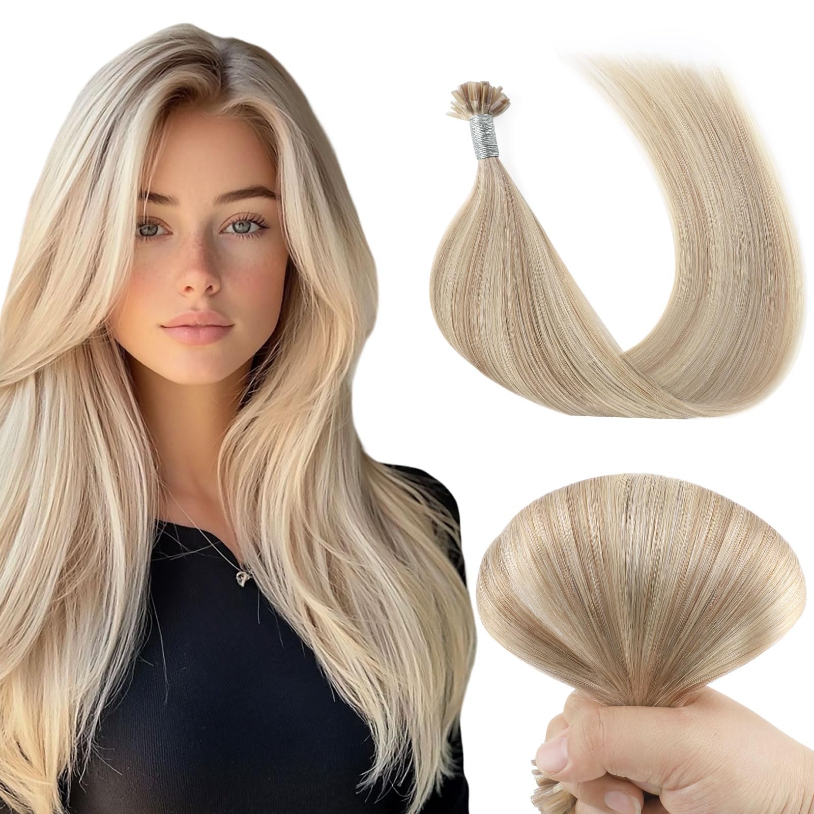 Yuniffe U Tip Hair Extensions - Real Human Remy Straight Nail Tip Keratin Hot Fusion Extensions - Ombre Honey to Medium Blonde - 16 Inch 50g/50s