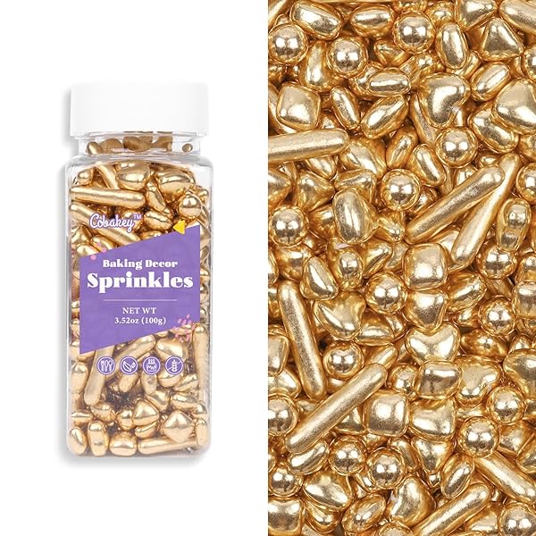 COBAKEY BRIGHT GOLD SPRINKLES FOR CAKE DECORATIONS 3.52 OUNCE GOLD PEARL SUGAR SPRINKLES FOR CUPCAKE TOPPERS WEDDING PARTY VALENTINES HALLOWEEN CHRISTMAS SUPPLIES
