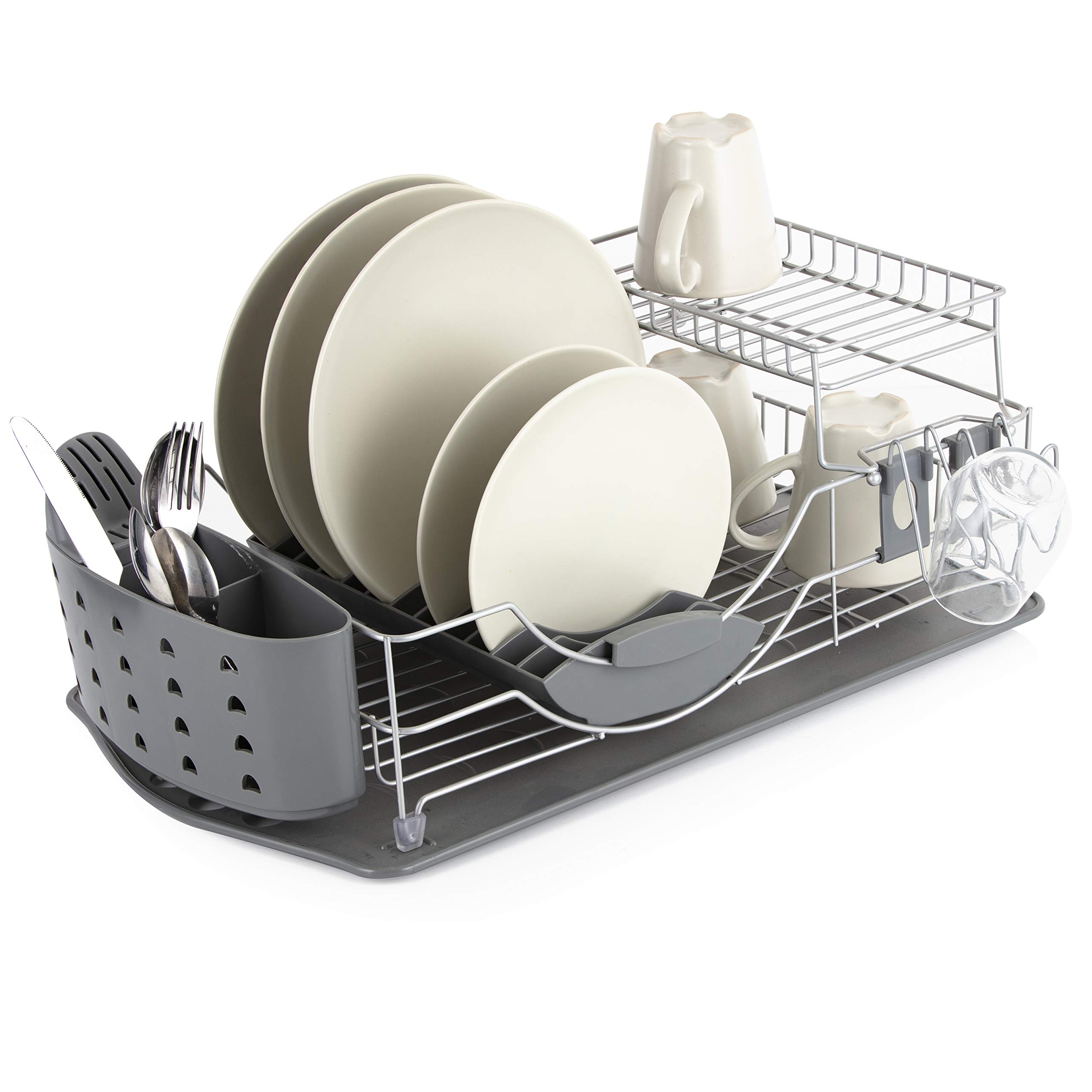 Tower T847002 Compact 2-Tier Dish Rack with Cutlery Drainer, Removable Draining Tray, Colour Coated Steel, Grey , 33 x 61 x 24 cm