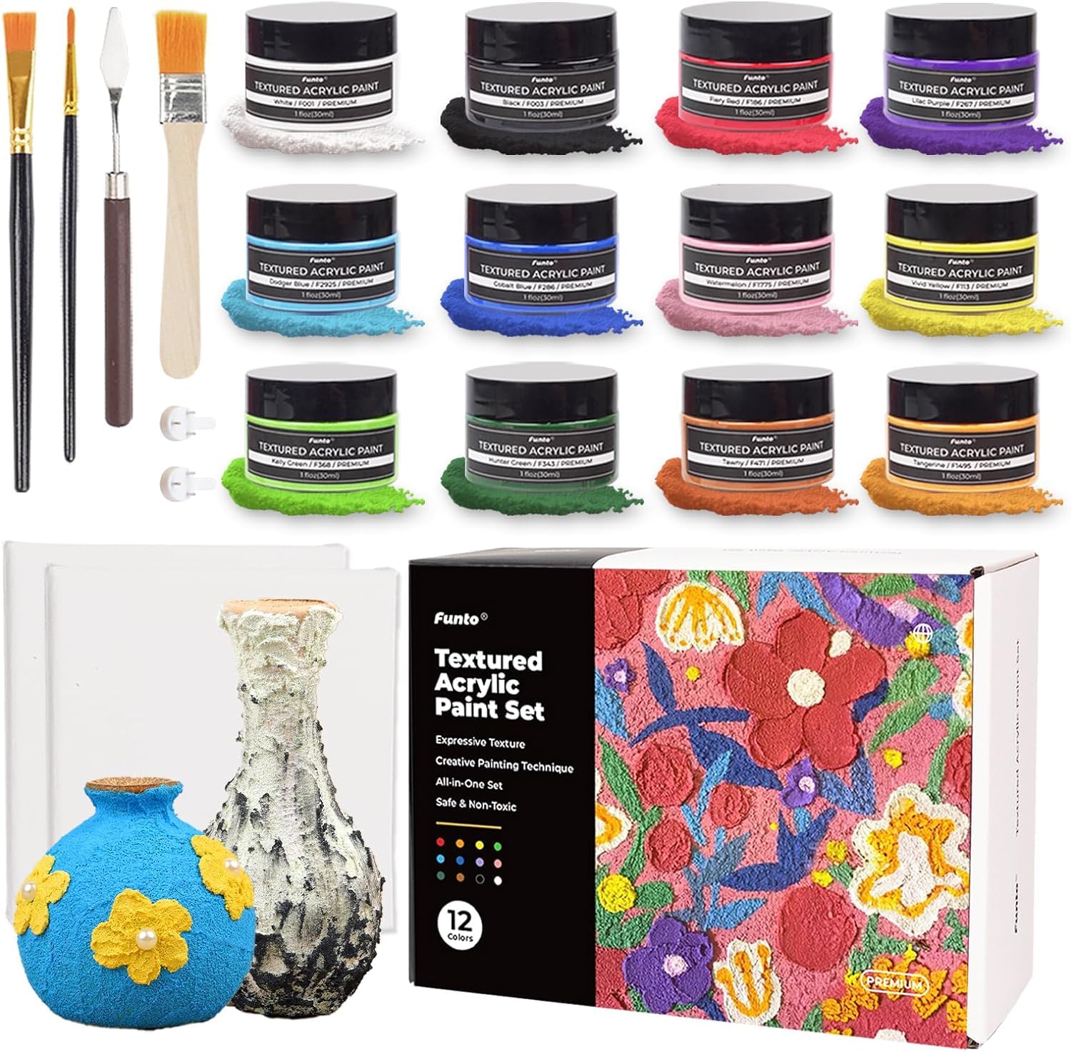 Photo 1 of **PARTS ONLY/USED***Funto Textured Acrylic Paint Set, 12 Colors, Complete Painting Kit with Tools and Canvases, Professionals Art Craft Painting Supplies Kit, Non-Toxic