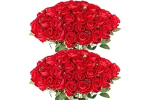 ROWFAD 60 Pcs Artificial Roses Bulk Velvet Silk White Roses Red Roses for Wedding Centerpieces Bridal Bouquet Mohter's Day Valentine's Day Christmas Home Decor (60, Red)