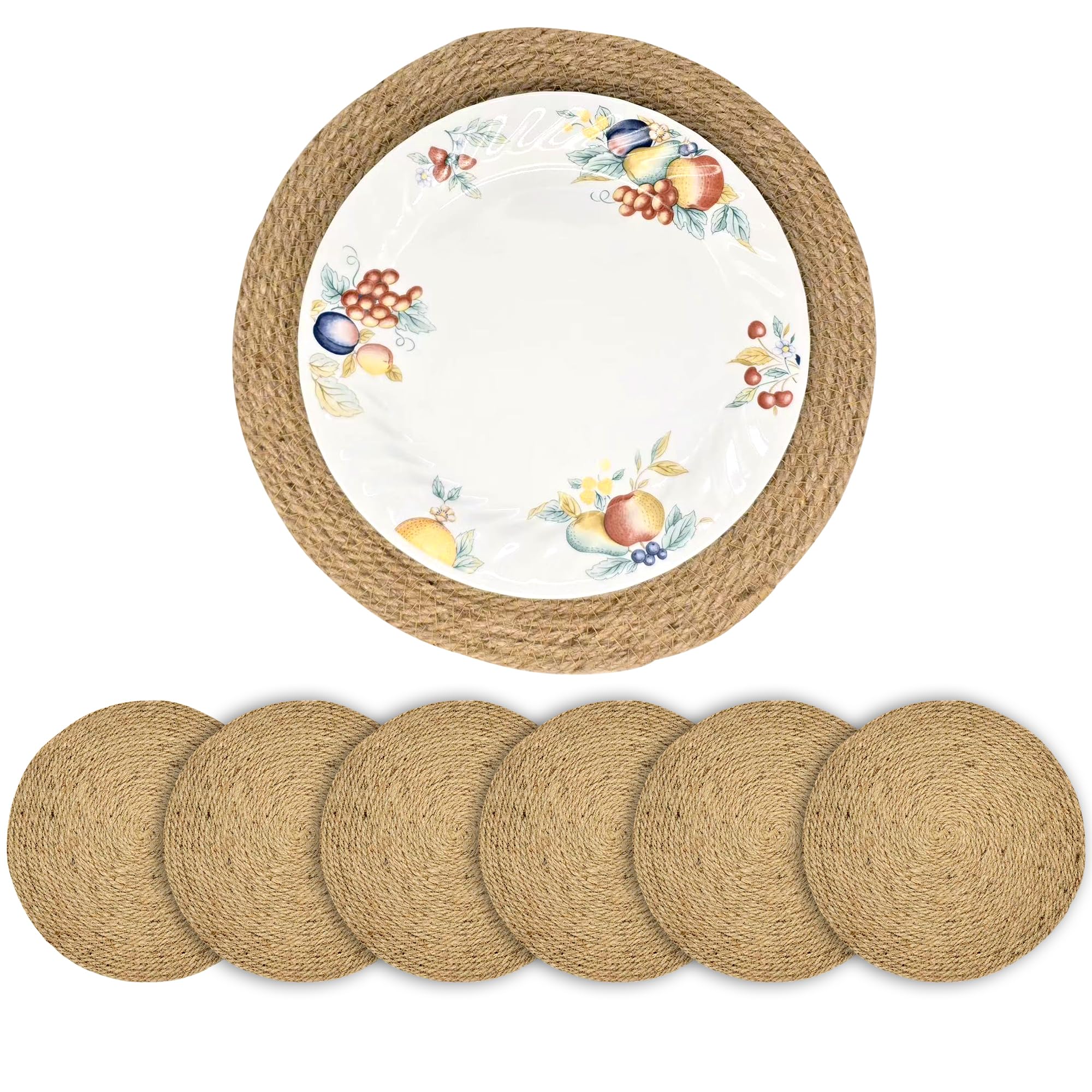 Photo 1 of 11.8 Inch Round Jute Placemats Set of 6 – Boho Rustic Woven Table Mats & Charger Plates, Heat Resistant & Easy to Clean, Handwoven Farmhouse Table Decor for Dining, Kitchen, Weddings & Home