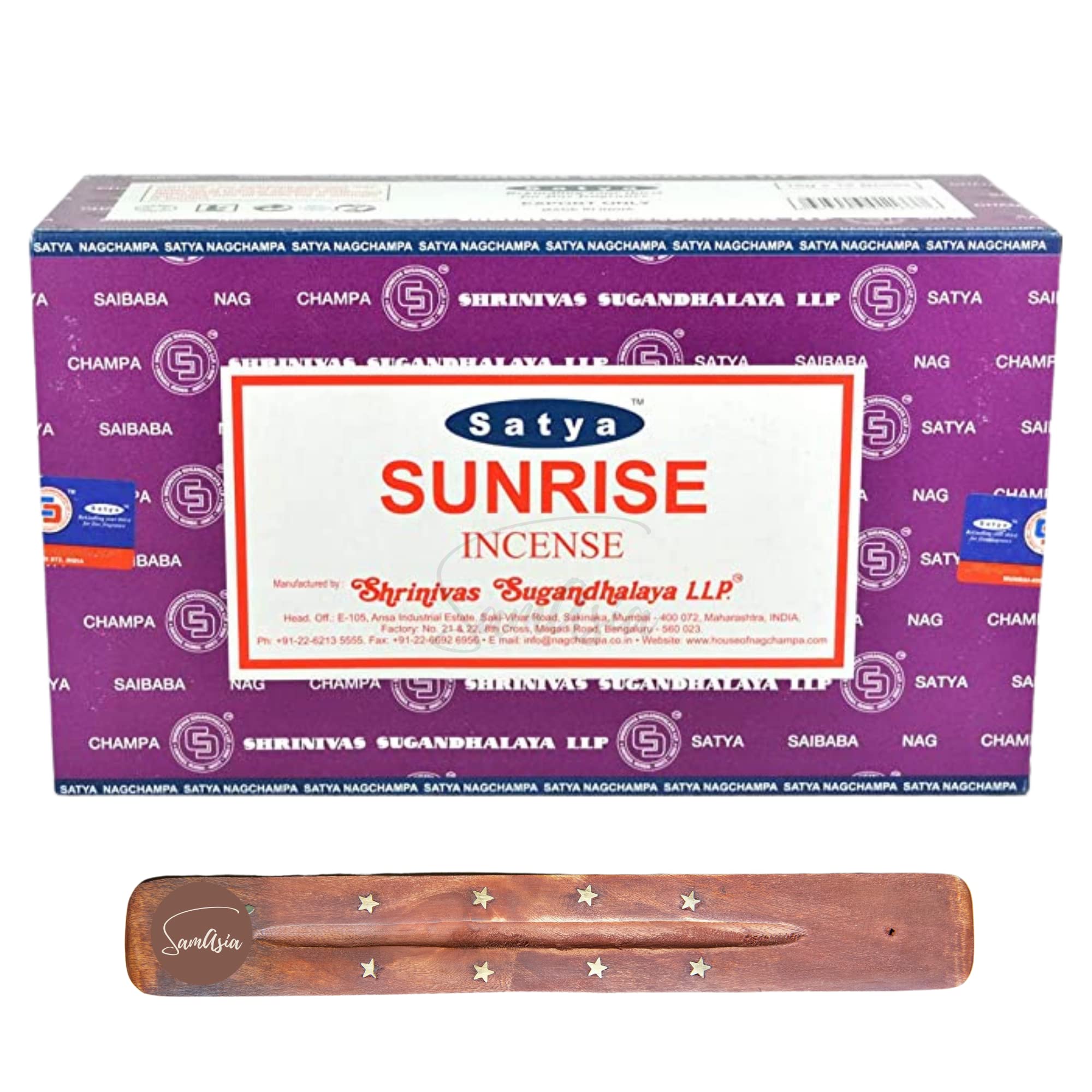Satya Nag Champa Sunrise Incense Sticks | x12 pack | with SAMASIA incense sticks holder | Used for Suomatherapy, Spa, Yoga, Weddings, Meditation, Healing, Positivity and Relaxation