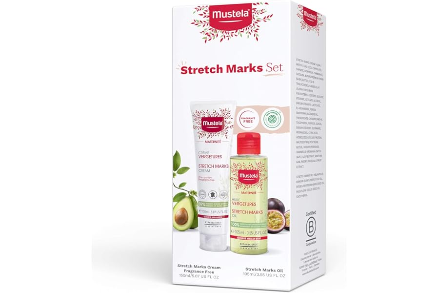 Mustela Maternity Stretch Marks Set – Natural Pregnancy Skincare – Contains Stretch Marks Cream & Belly Oil – EWG Verified & Fragrance-Free – 2 Items Set