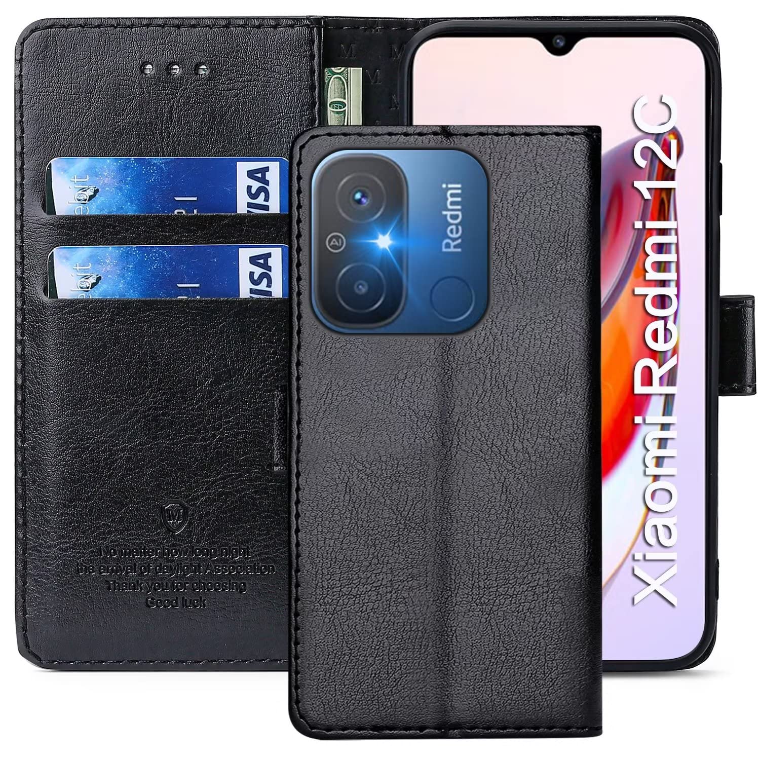 FMPCUON Case For Xiaomi Redmi 12C,High-grade Leather Flip Wallet Phone Case Cover for Xiaomi Redmi 12C Inches [Card Slots] [Kickstand] [Magnetic Closure]-(Black) — image 1