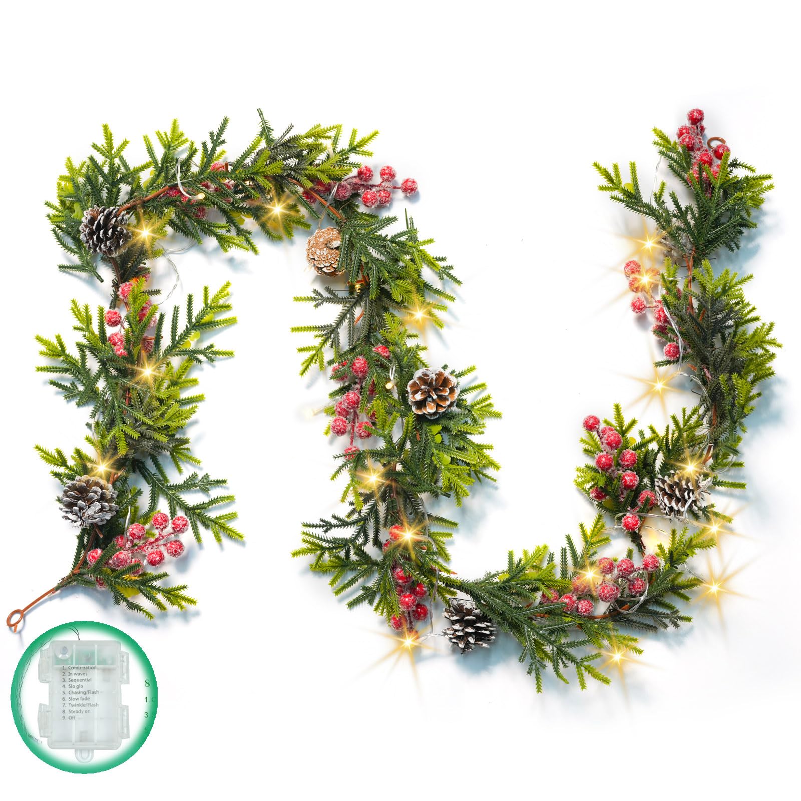 Photo 1 of 6FT Christmas Garland with Lights Timer Function Realistic Pine Branches Garland with Pinecones Red Berries, Auto On/Off Christmas Decorations for Mantle Fireplace Stairs Table Porch Indoor Outdoor