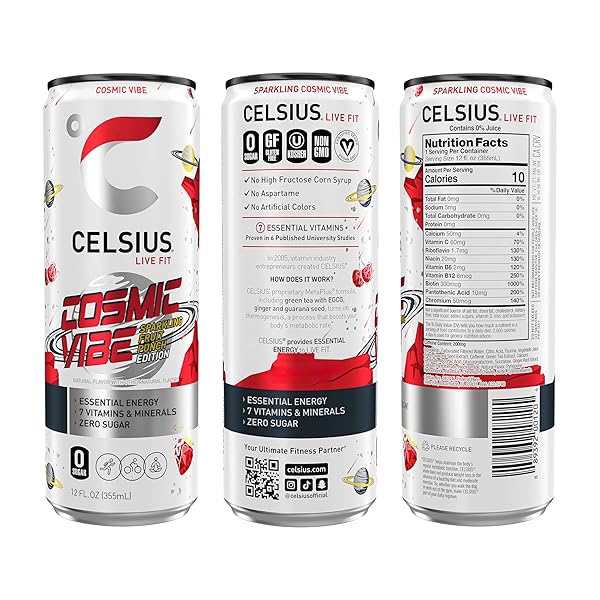 CELSIUS COSMIC VIBE SPARKLING FRUIT PUNCH, SUGAR FREE ENERGY DRINK, 12 FL OZ (PACK OF 12)