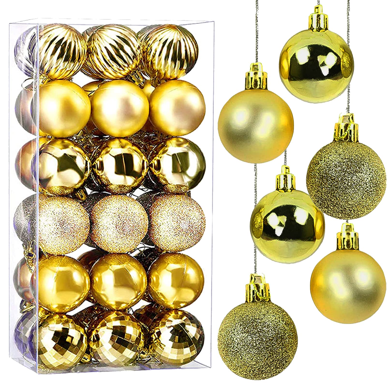 Taeku Christmas Ball Ornaments, 36Pcs 1.6" Seasonal Christmas Tree Decorations Festive Balls with Hooks for Xmas Halloween Home Decor (Gold)