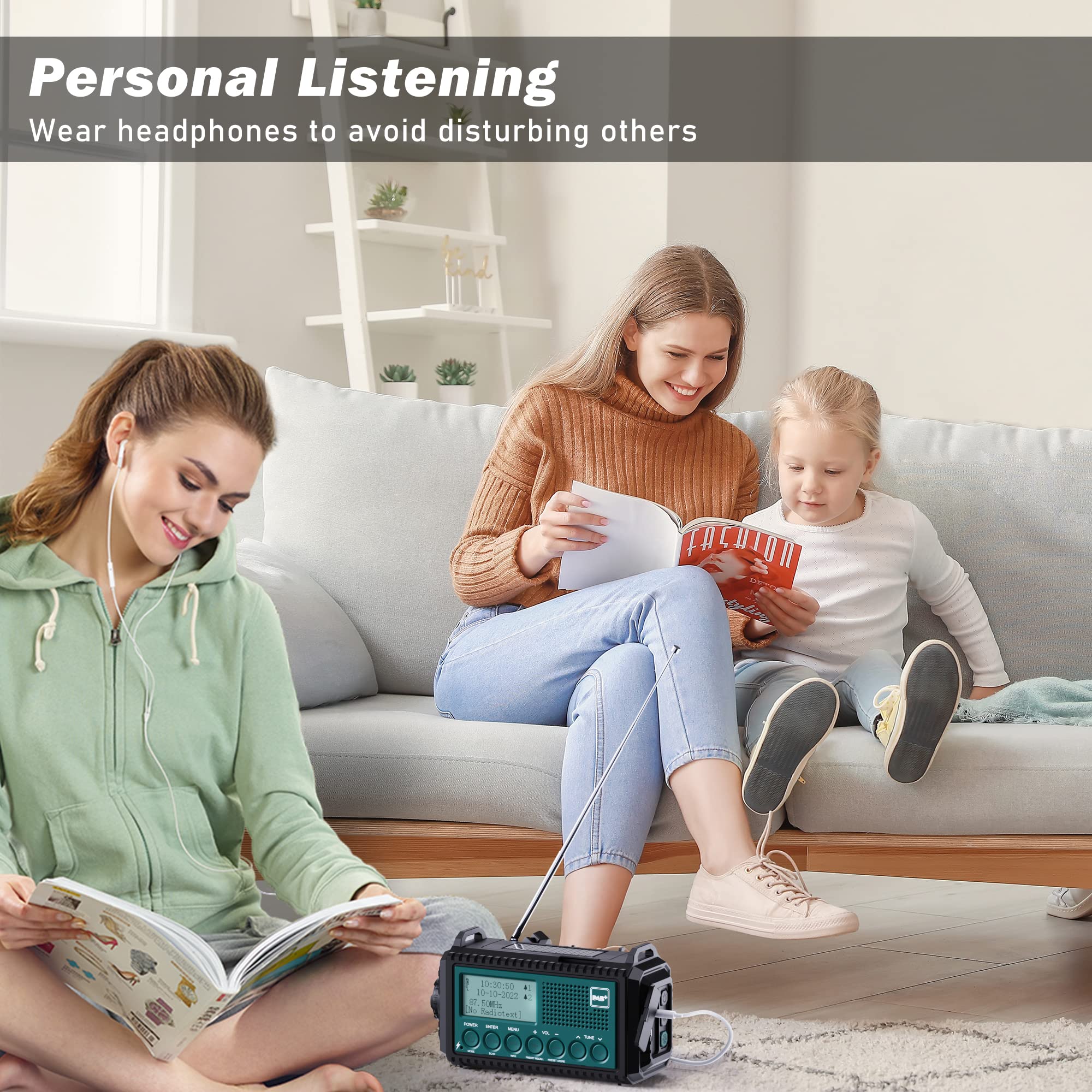 Kurbelradio DAB+/DAB/UKW mit 5000mAh Akku Wiederaufladbare, Notfallradio mit Taschenlampe & Leselicht, Tragbare Camping Radio mit USB Handyladefunktion FM Dynamo, SOS-Alarm für Wandern, Outdoor 6