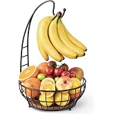 Josmimic Large Capacity Fruit Basket for Kitchen Counter with Banana Hanger and Wooden Base, Large Countertop Fruit and Vegetable Storage Holder