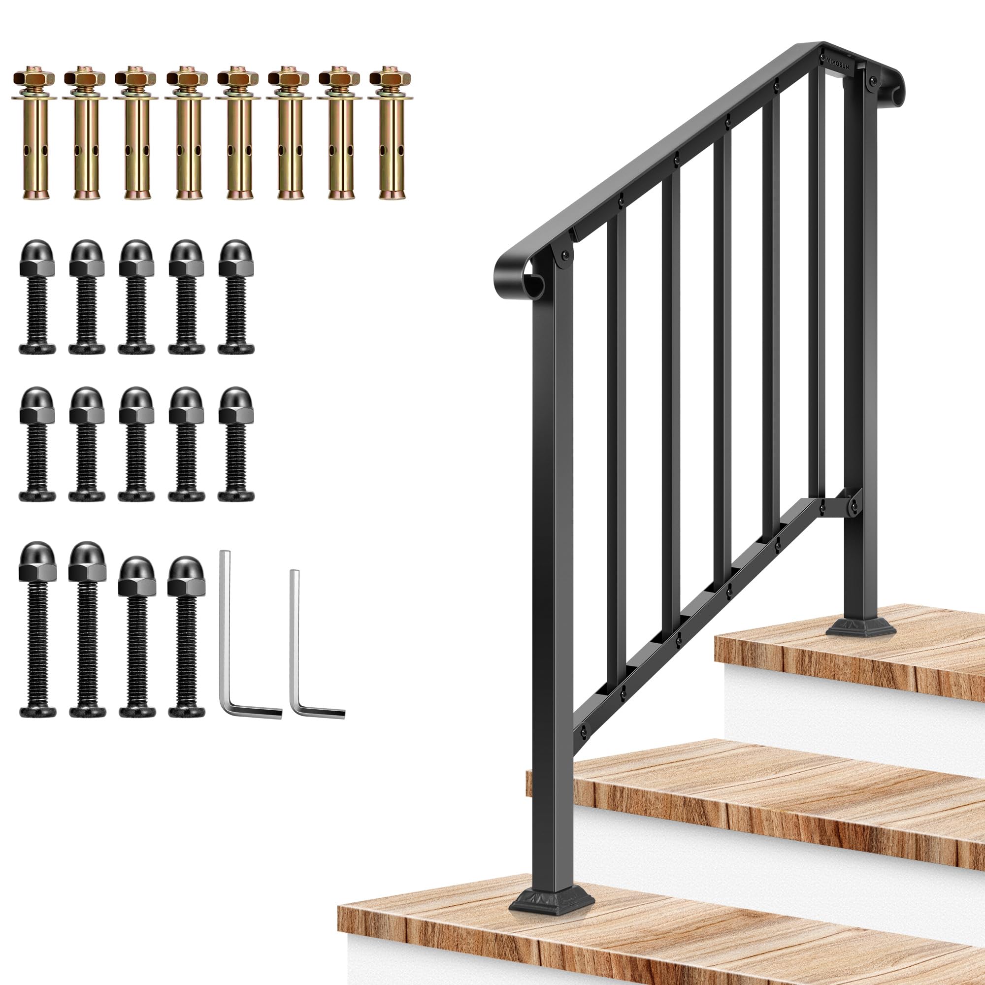 Photo 1 of VIVOSUN Outdoor Handrail, 3 Step Stair Handrail, 40" x 36" Fits 1 to 3 Steps, Wrought Mattle Iron Stair Railing with Curved End and Balusters for Concrete Step, Porch Steps, One-Step Assembly, Black