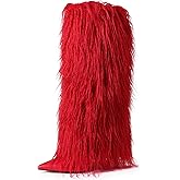 INSMIA Womens Furry Boots Knee High Fold Over Tall Boot Wide Calf Pointed Toe Stiletto High Heel Fall Winter Boots for Women