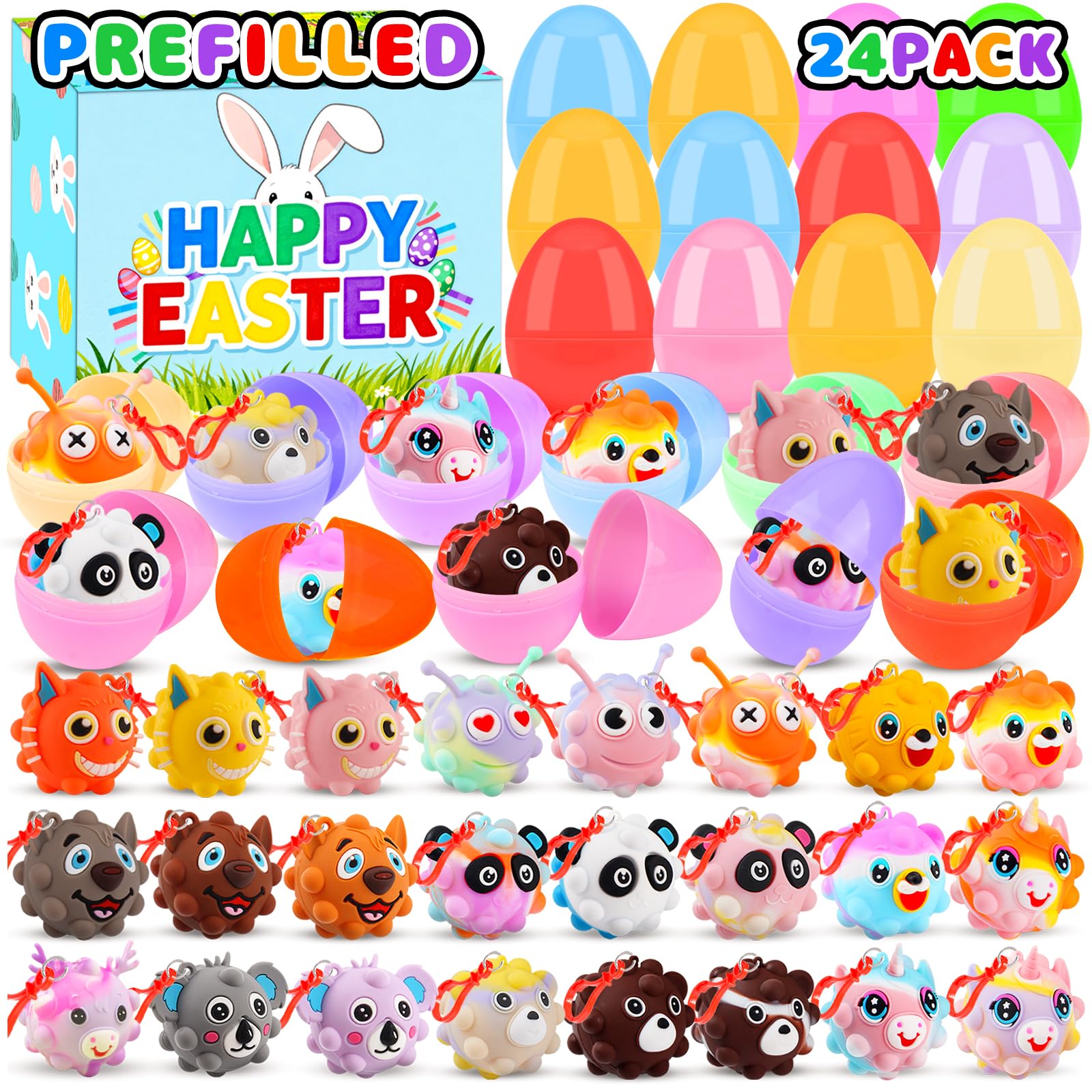 KissFuture 24 Pack Prefilled Easter Eggs with 3D Animal Pop Balls Toys, Easter Eggs Filled for Egg Hunt ,Easter Baskets Stuffers, Easter Gifts for Kids, Easter Classroom Prizes