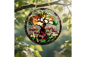 Colorful Acrylic Suncatcher, Tree with Mushrooms 7-inch Hanging Window Wall Art Decor with Printed Stained Glass Style Design