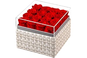 Eterfield Forever Flowers Preserved Roses Real Roses That Last Over a Year Rose Box Gifts for Her Mothers Day Valentines Day Christmas (Square Gold White Plaid Box, 16 Red Roses)