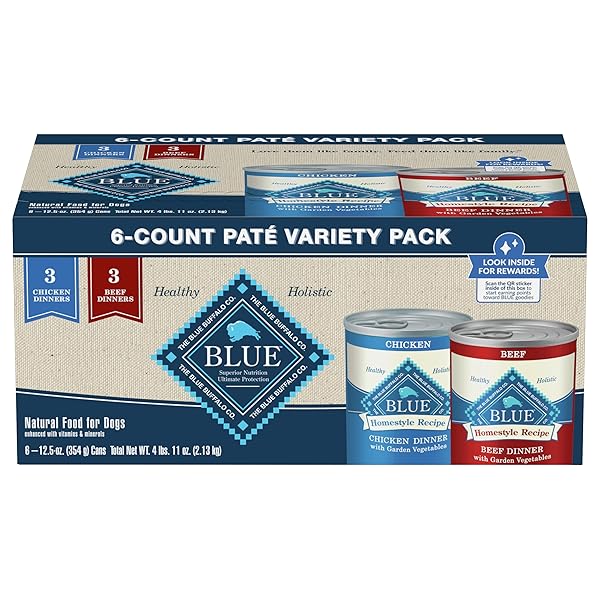 BLUE BUFFALO HOMESTYLE RECIPE ADULT WET DOG FOOD, MADE WITH NATURAL INGREDIENTS, CHICKEN AND BEEF DINNER VARIETY PACK, 12.5-OZ CANS (6 COUNT, 3 OF EACH)