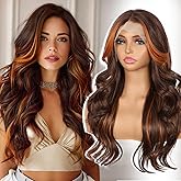BABEHERS Highlight Auburn Brown Lace Front Wig 13x4 Pre Plucked Synthetic Wig for Women with Curtain Bangs Brown mix Ginger Natural Looking Body Wave for Daily Party Use, 22 Inch