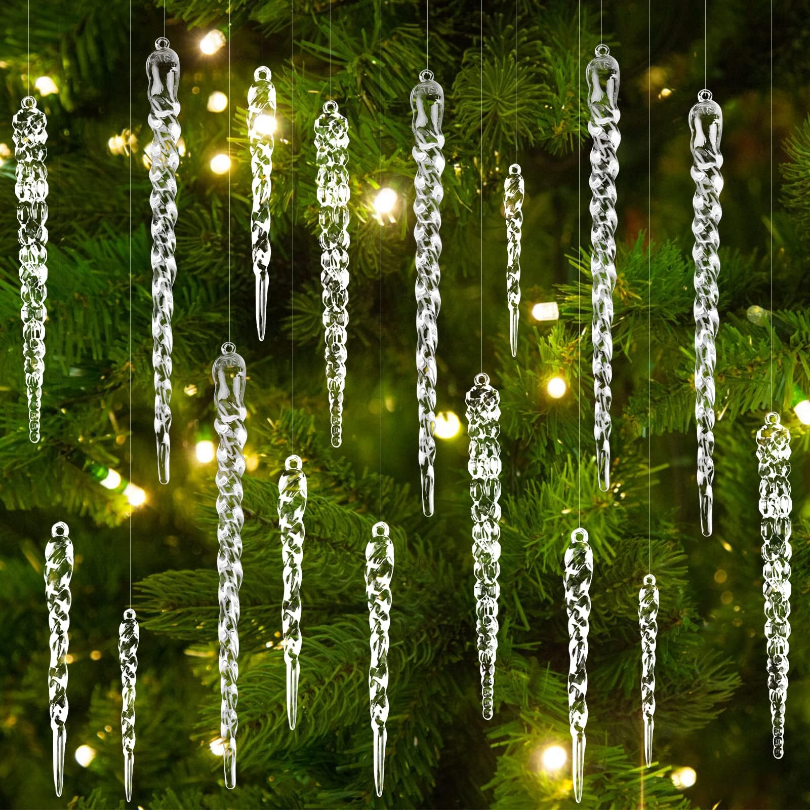 JOLCEEY 24pcs Clear Christmas Tree Pendants, 4 Styles Acrylic Crystal Christmas Hanging Set Icicle Hanging Ornaments with Strings for Xmas Tree Party Indoor Decorations