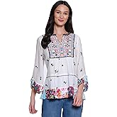 Flocked Floral Top with Embroidered Three Quarters Sleeves and Mix Print Hem