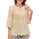 Falechay Womens Tops 3/4 Length Sleeve Eyelet Blouse Peasant Flowy Boho Top Hollow Out Embroidered Notch V Neck Shirts