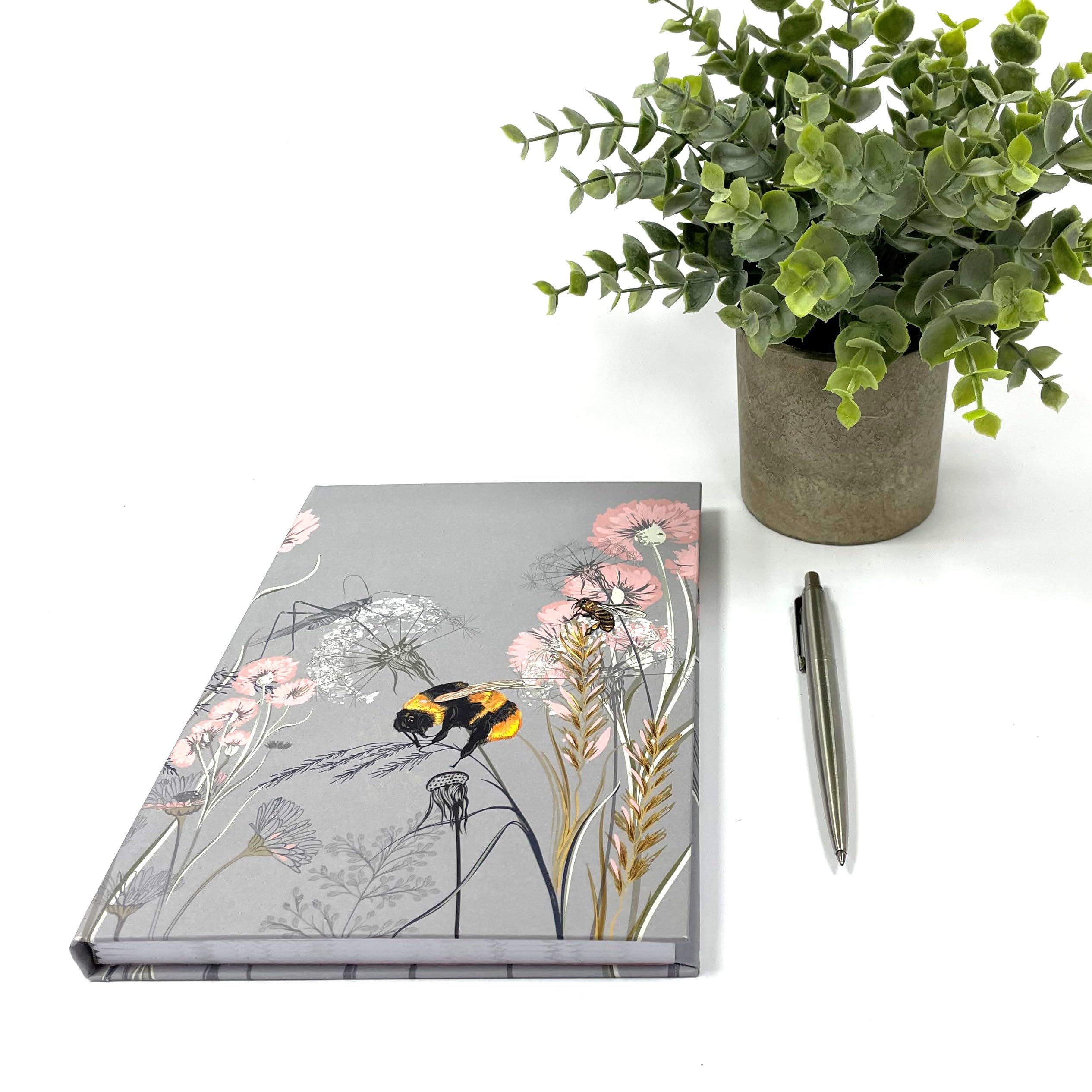Exacompta - Ref GS033Z Journal/Diary/Planner/Notebook Bee & Flower Design A5 in Size with 140 lined pages, Pink Ribbon Bookmark with the Same Design as the Cover on Each Page in Light Grey