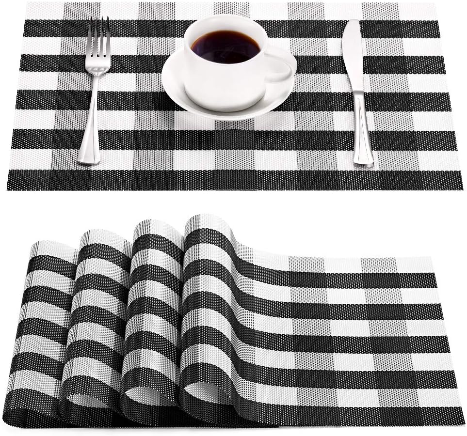 Syntus Placemats, Black and White PVC Woven Vinyl Buffalo Check Table Mats Washable Non-Slip Heat Resistant for Kitchen Dinning Table Thanksgiving & Christmas, Set of 4: Home & Kitchen