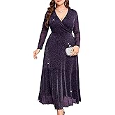 ZOMVA Plus Size Sparkly Maxi Dress V-Neck Wrap Long Sleeve A-Line Glitter Mesh Gown Wedding Guest Cocktail Evening Party