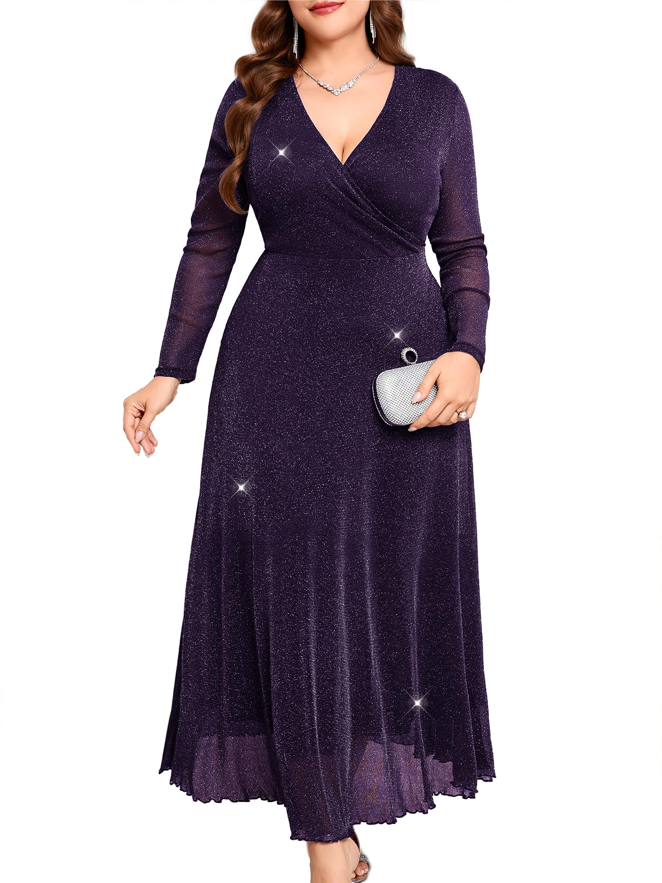 Photo 1 of ZOMVA Plus Size Sparkly Maxi Dress V-Neck Wrap Long Sleeve A-Line Glitter Mesh Gown Wedding Guest Cocktail Evening Party, Dark Purple, 0X